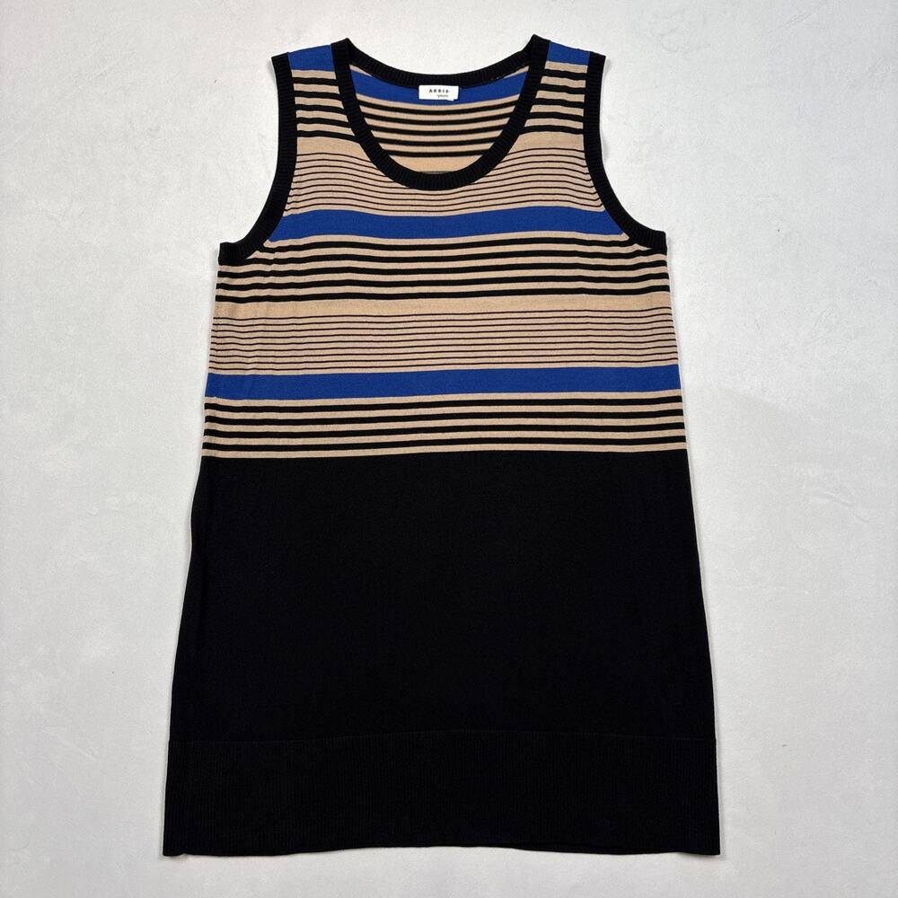 Akris Punto Sleeveless Tunic Top Size 12 100% Wool Knit Black Striped Colorblock